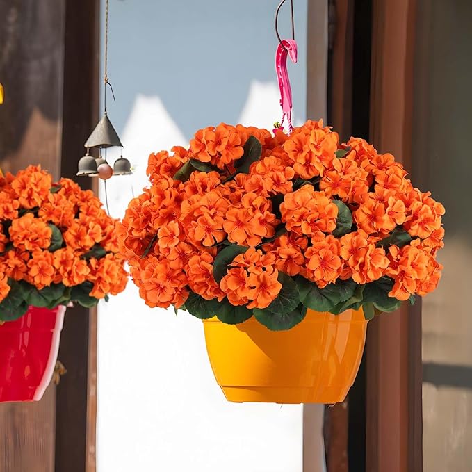 Set of 12 orange artificial geranium flowers by CozyNest Decor, UV resistant silk flowers for outdoor or indoor autumn decor.