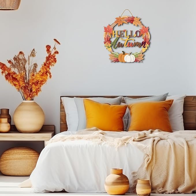 Color Valley Art Hello Autumn wreath sign featuring fall maple leaves, pumpkins, and rustic wooden design for Thanksgiving decor.