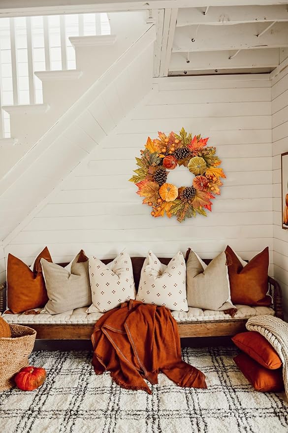 CozyNest Decor 16-inch autumn velvet pumpkin wreath with metal hook and harvest maple leaves for fall front door decoration.