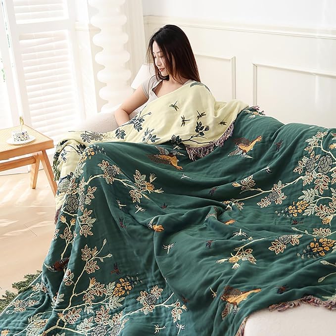 CozyNest Decor boho muslin bed blanket for adults, 80x90 inches, floral and bird print, soft cotton gauze, with tassels, summer cooling.