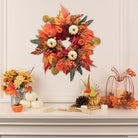 CozyNest Decor 21-inch fall wreath with maple leaves, pumpkins, and berries for front door, window, or wall autumn decor.