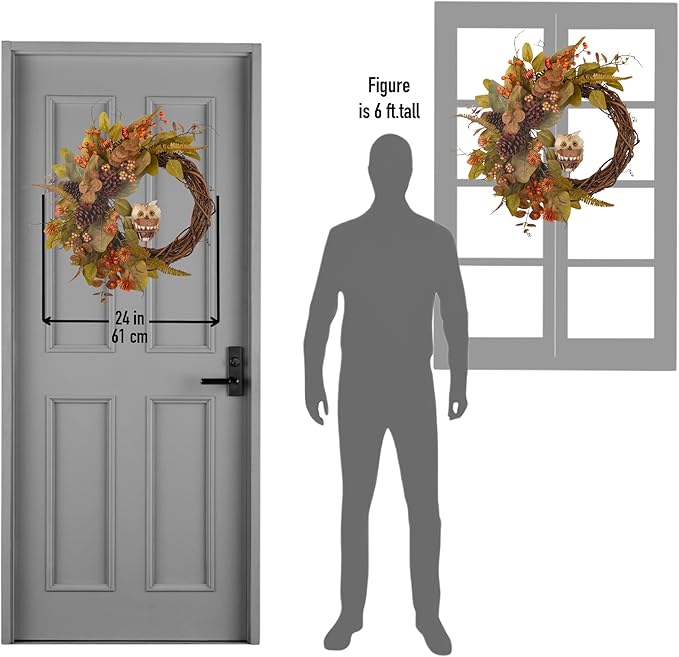 Fall owl wreath for front door featuring pine cones, faux eucalyptus, magnolia leaves, and berries in a 24-inch CozyNest Decor autumn wreath