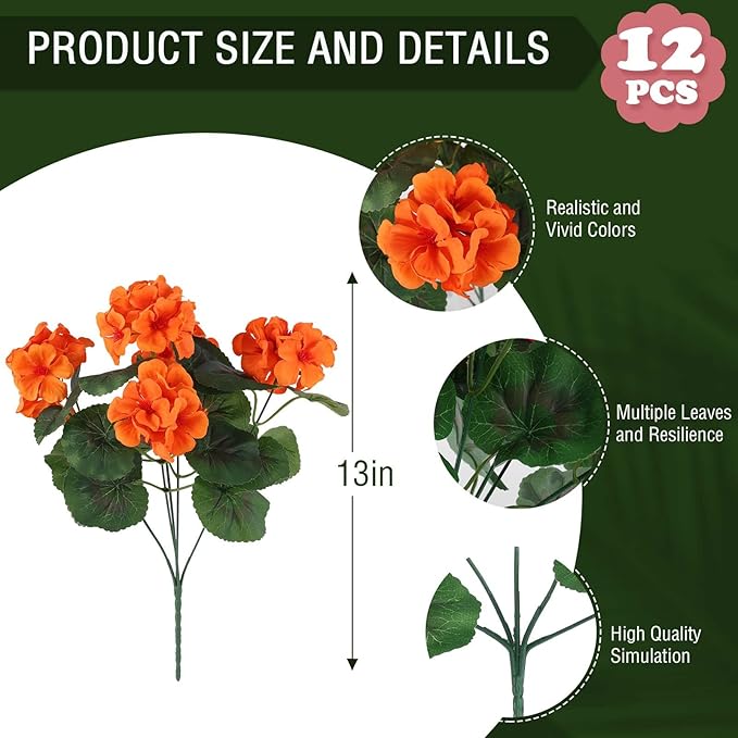 CozyNest Decor 12-pack artificial orange geranium flowers for outdoor use, UV resistant silk flowers perfect for fall decor or centerpieces.