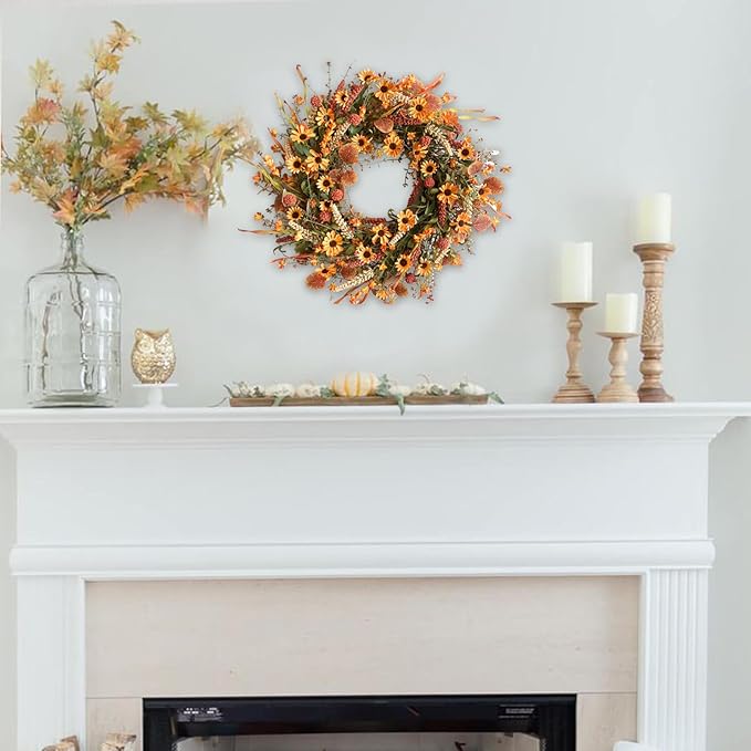 CozyNest Decor 22-inch fall front door wreath with colorful daisies, orange autumn foliage, perfect for wall, window, or Thanksgiving decor.