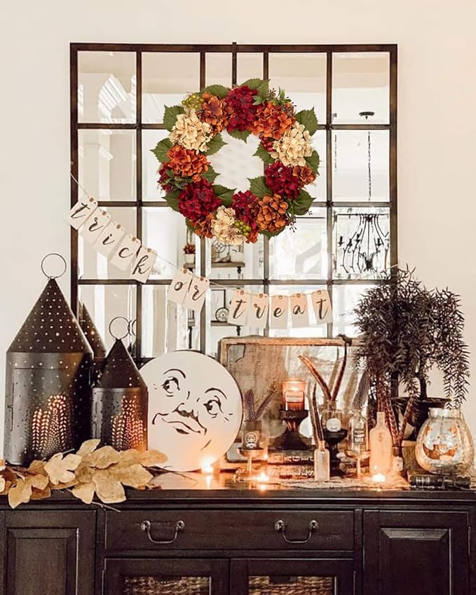 CozyNest Decor 20-inch fall door wreath with artificial hydrangeas, berries, and autumn accents for farmhouse Thanksgiving decor