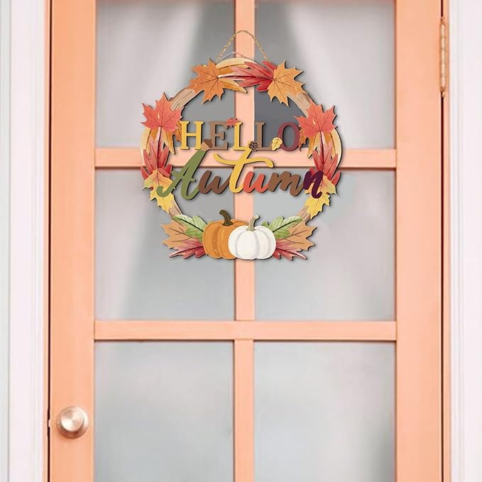 Color Valley Art Hello Autumn wreath sign featuring fall maple leaves, pumpkins, and rustic wood wall decor for Thanksgiving.