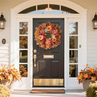 Large 26-inch autumn wreath with artificial maple leaves, faux pumpkins, and silk peonies for front door or porch decor.