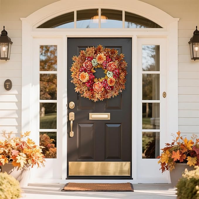 Large 26-inch autumn wreath with artificial maple leaves, faux pumpkins, and silk peonies for front door or porch decor.