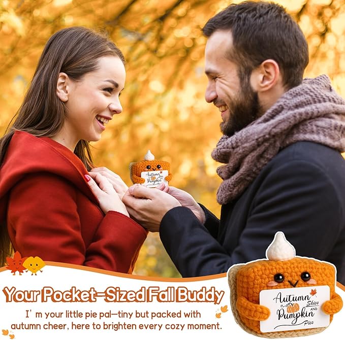 CozyNest Decor mini pumpkin pie crochet doll, small autumn season collectible plush decoration for Halloween or Thanksgiving.