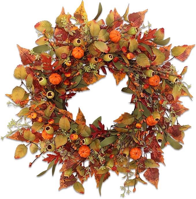 22-inch artificial fall wreath with pumpkins, maple leaves, and berries, perfect for front door or wall autumn decor by CozyNest Decor
