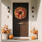 26-inch fall wreath with artificial maple leaves, silk peonies, and faux pumpkins for outdoor porch or farmhouse autumn decor.