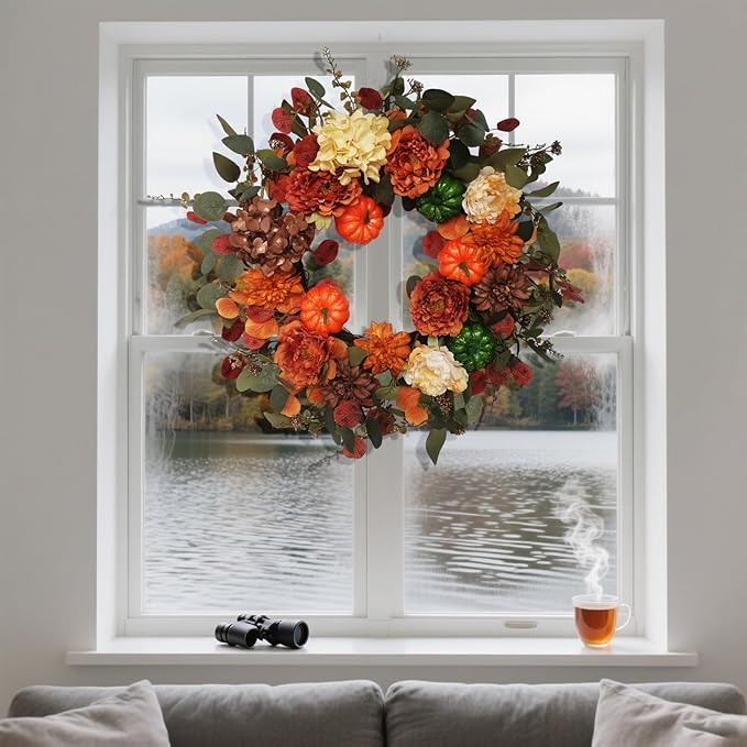 CozyNest Decor 24-inch fall wreath with realistic pumpkin, hydrangea, peony, and dahlia flowers for indoor or outdoor autumn decor.