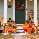 CozyNest Decor 2-pack outdoor metal fall garden stakes with LED lights featuring pumpkins, turkeys, and "Happy Thanksgiving" signs.