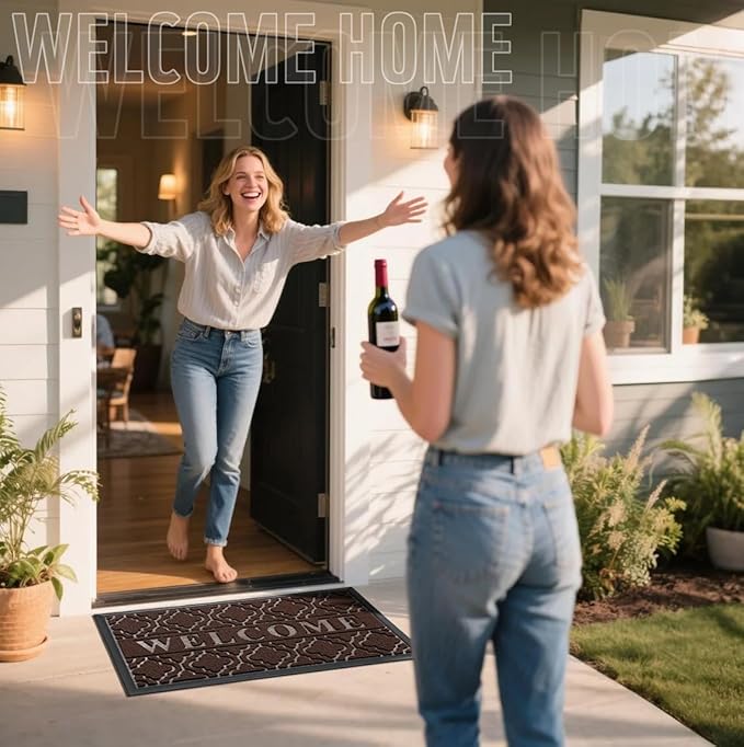 CozyNest Decor Yimobra outdoor indoor door mat in brown, waterproof, non-slip, low profile 29.5x17-inch for front porch or patio.