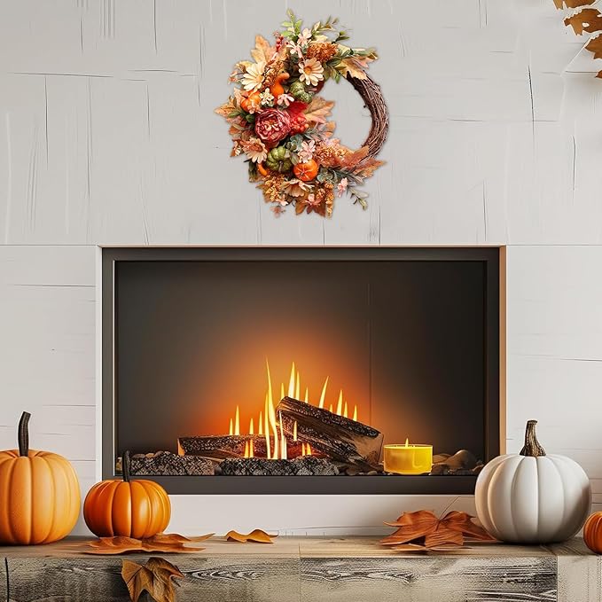 20-inch fall wreath with pumpkins, sunflowers, peonies, and berries, perfect for front door autumn and Thanksgiving decor.