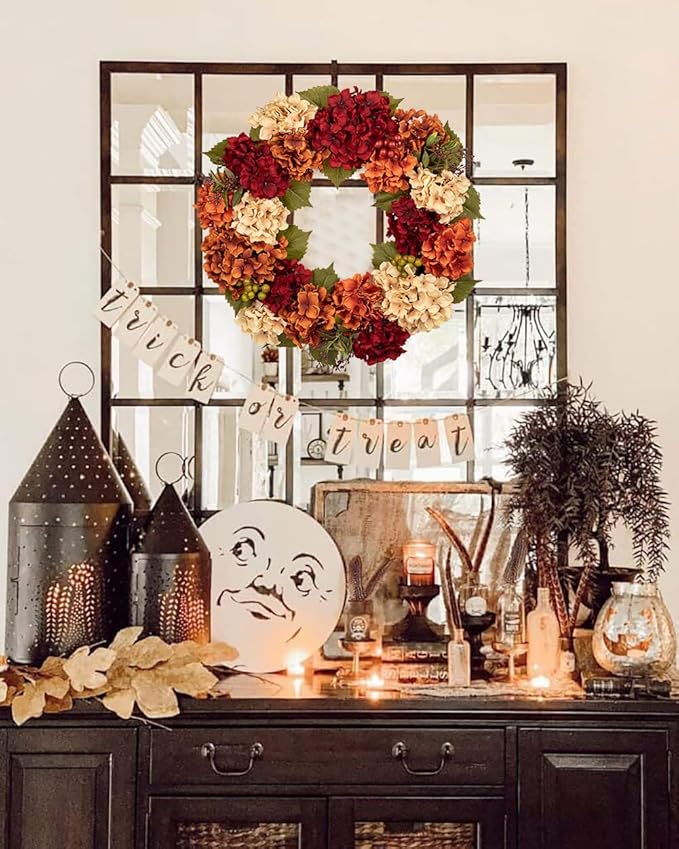 CozyNest Decor 24-inch fall wreath with artificial hydrangeas, berries, and autumn flowers for front door autumn decor.