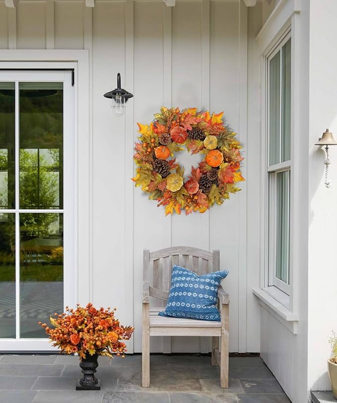 CozyNest Decor 26-inch fall wreath featuring velvet pumpkins, harvest maple leaves, and a metal hook for front door autumn decoration