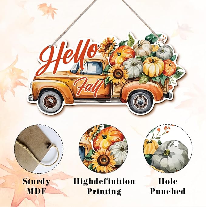 Hello Fall wooden hanging truck decoration, rustic autumn sign by CozyNest Decor, perfect for Thanksgiving home interior and exterior decor.