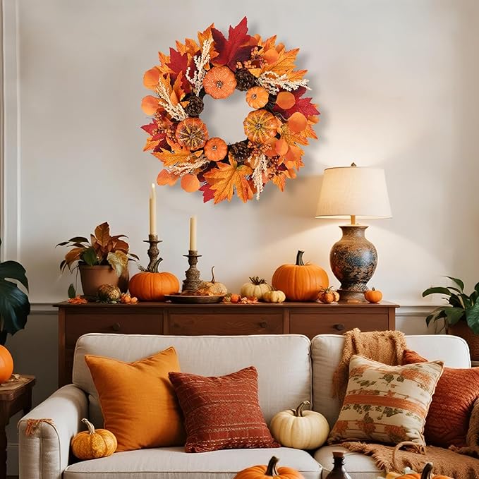 20-inch Thanksgiving fall wreath with berries, pumpkins, maple leaves, pine cones, and a hook for door or porch decor by CozyNest Decor