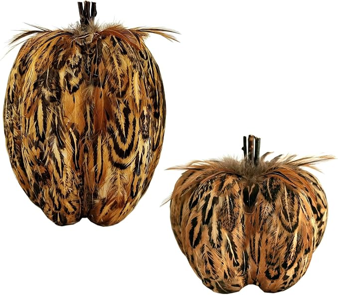 CozyNest Decor set of 2 elegant feathered pumpkin centerpieces for fall, Thanksgiving decor, autumn harvest table decorations