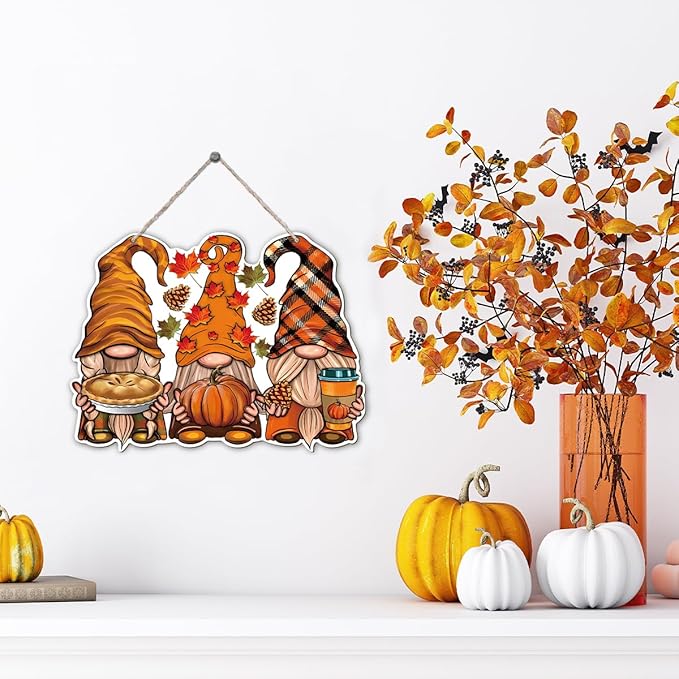 CozyNest Decor autumn dwarfs wooden hanging sign with "Hello Fall" message, rustic porch and indoor outdoor autumn door decor.