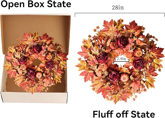 Large 26-inch fall wreath with maple leaves, pumpkins, roses, and rustic accents for farmhouse outdoor door decor.
