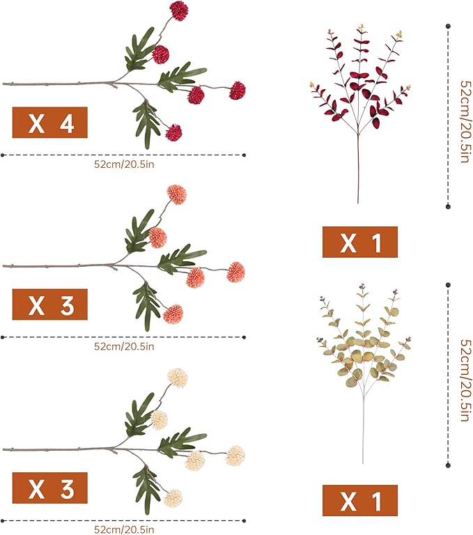 CozyNest Decor artificial faux Kiku flowers with eucalyptus, orange chrysanthemums, and pompon flower balls for fall and wedding decor