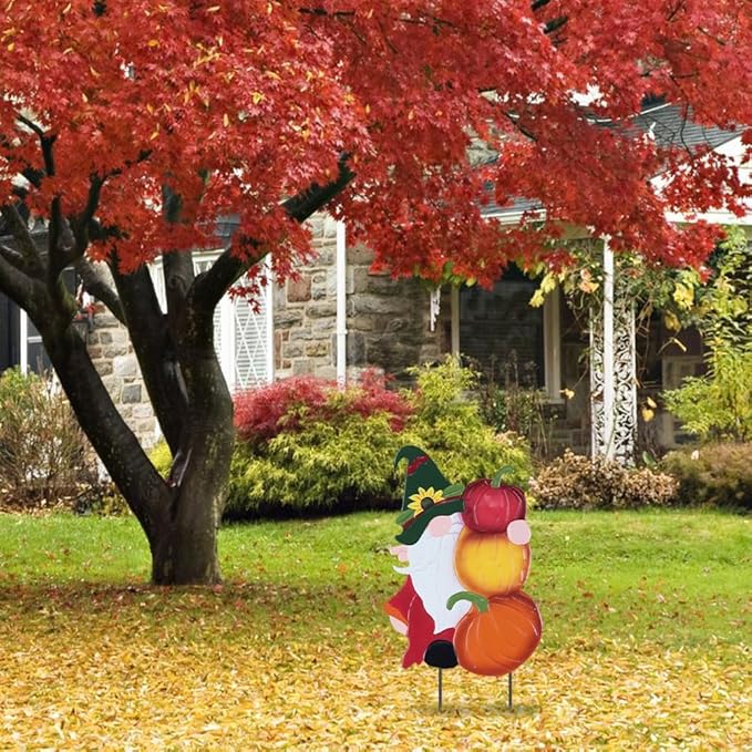 CozyNest Decor metal gnome with pumpkin outdoor garden stake for fall yard decor, autumn lawn sign, and Thanksgiving outdoor decoration