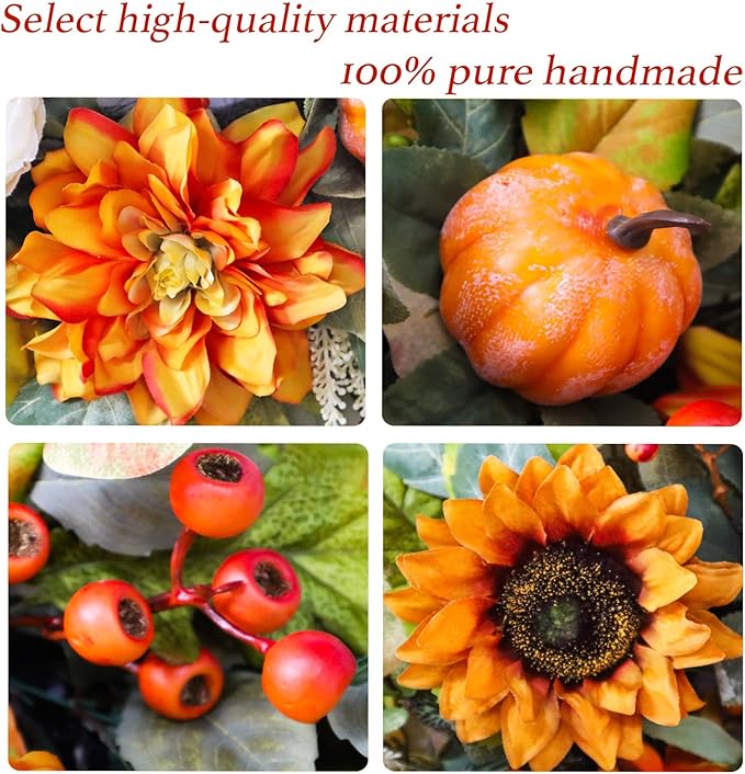 CozyNest Decor 24-inch fall wreath with pumpkins, peonies, sunflowers, and dahlias for front door autumn decor.
