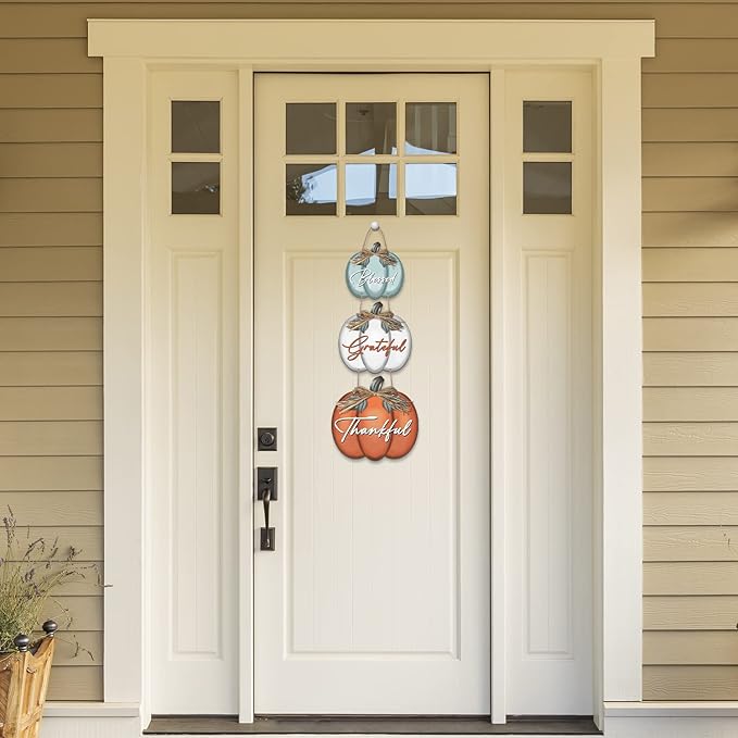 CozyNest Decor pumpkin-themed wall signs with "Grateful Thankful Blessed" messages, rustic autumn harvest Thanksgiving decor for door or wall.