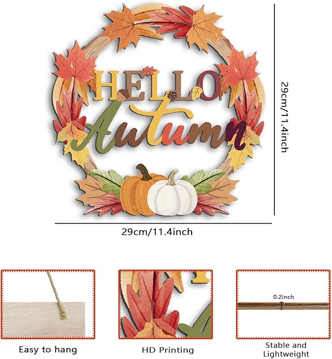 Color Valley Art Hello Autumn wreath sign featuring fall maple leaves, pumpkins, rustic wood, perfect for Thanksgiving wall decor.