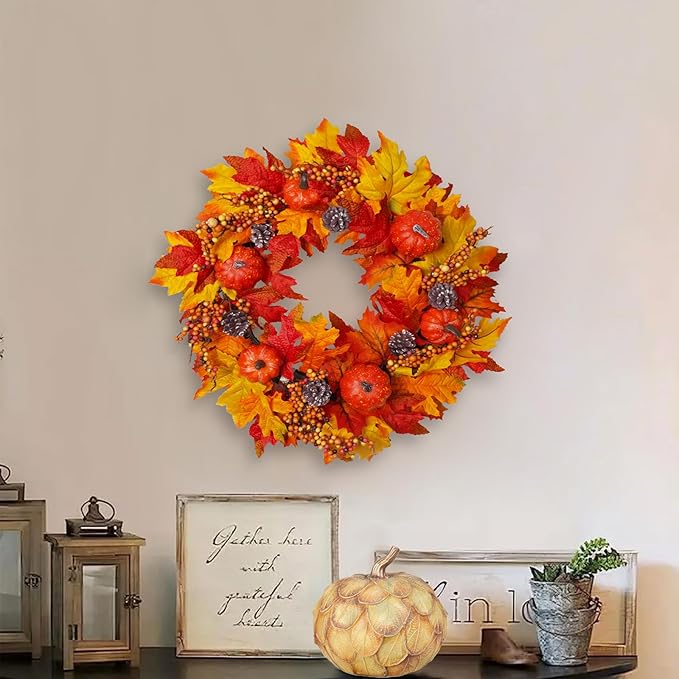 CozyNest Decor 20-inch fall wreath with pumpkins and maple leaves, perfect for front door or indoor autumn home decor.