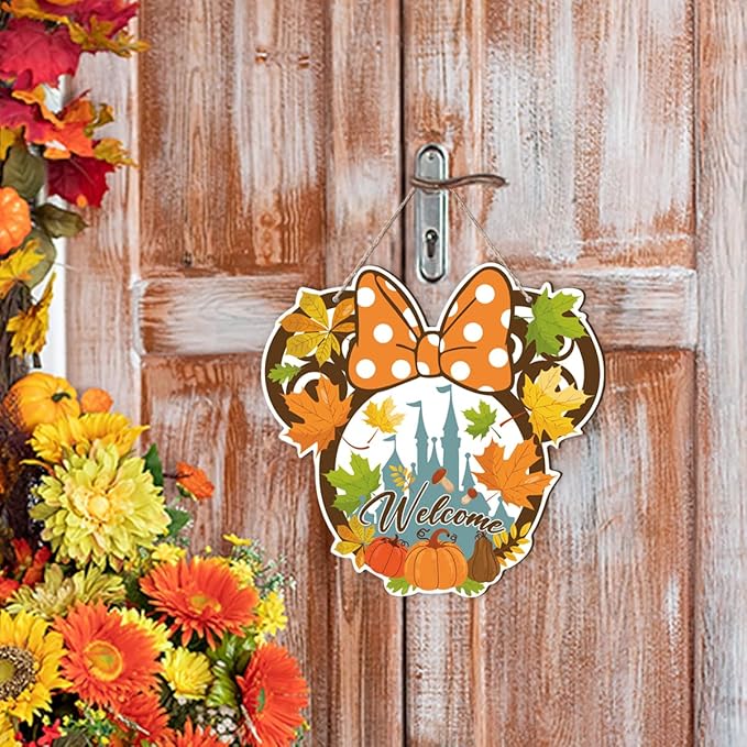 Fall Mouse Welcome wooden door sign with maple leaves and mushrooms, cozy autumn wall decor for front door or wall.