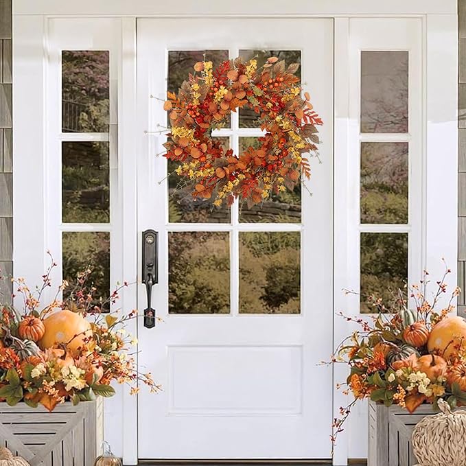 CozyNest Decor 22-inch artificial fall wreath with red berries and autumn leaves, ideal for front door, wall, porch, or holiday decor.
