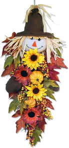 Rustic 24-inch fall scarecrow teardrop swag with sunflowers and pumpkins, farmhouse autumn harvest decor for front door or porch