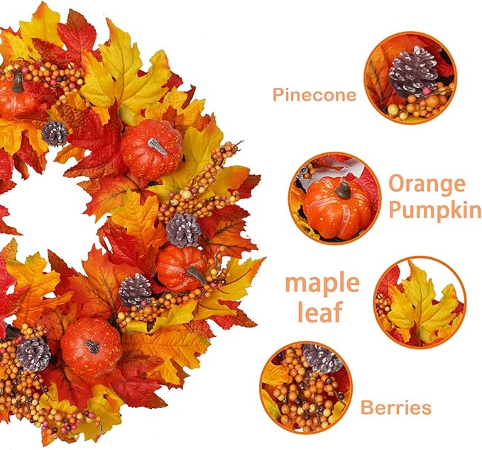 CozyNest Decor DiliComing Fall Wreath featuring pumpkins and maple leaves, 20-inch autumn wreath for front door and home decor.