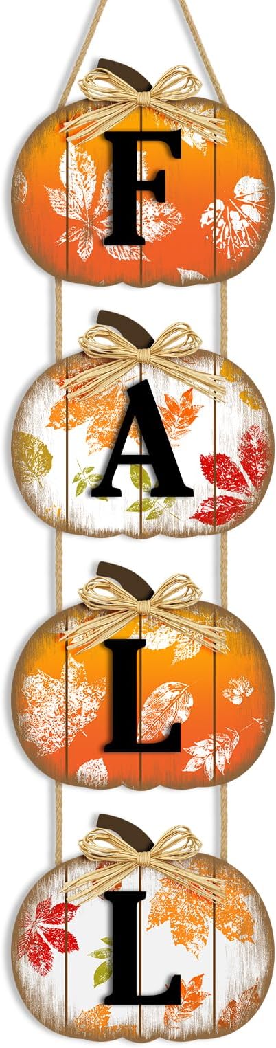 CozyNest Decor fall pumpkin door sign with autumn maple leaves, wooden hanging decoration for front door, wall, porch, or outdoor decor.