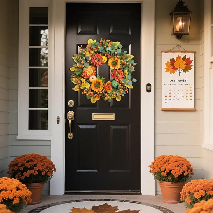 CozyNest Decor 24-inch fall wreath with sunflowers, orange dahlias, maple leaves, and berries for front door autumn decor