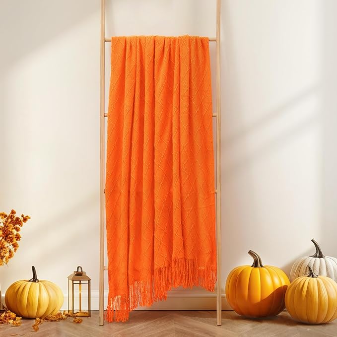 CozyNest Decor burnt orange fall throw blanket, soft knitted 50x60 inch for couch or outdoor autumn decor, lightweight and warm.
