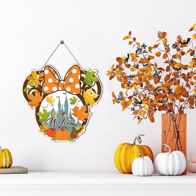 CozyNest Decor fall wooden mouse welcome door sign with maple leaves and mushrooms hanging, autumn harvest home decor.