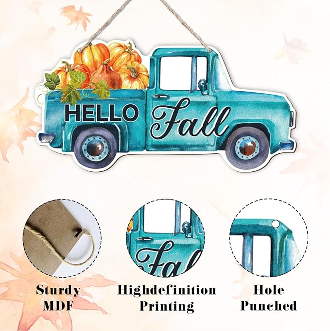 Rustic fall door hanger with pumpkin and truck design, cozyNest Decor's wooden welcome sign for indoor or outdoor autumn porch decor