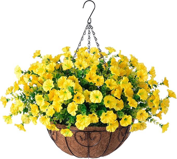 Artificial yellow silk morning glory and eucalyptus hanging flowers basket by CozyNest Decor, UV resistant outdoor patio decoration
