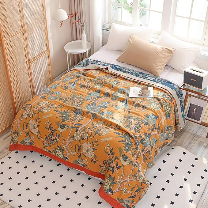 CozyNest Decor boho muslin bed blanket in floral orange, 80x90 inches, soft 4-layer cotton summer cooling coverlet for sofa or bed