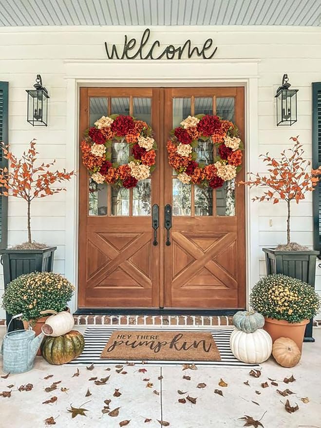 24-inch artificial fall wreath with hydrangeas, berries, and autumn flowers, perfect for farmhouse front door decor.