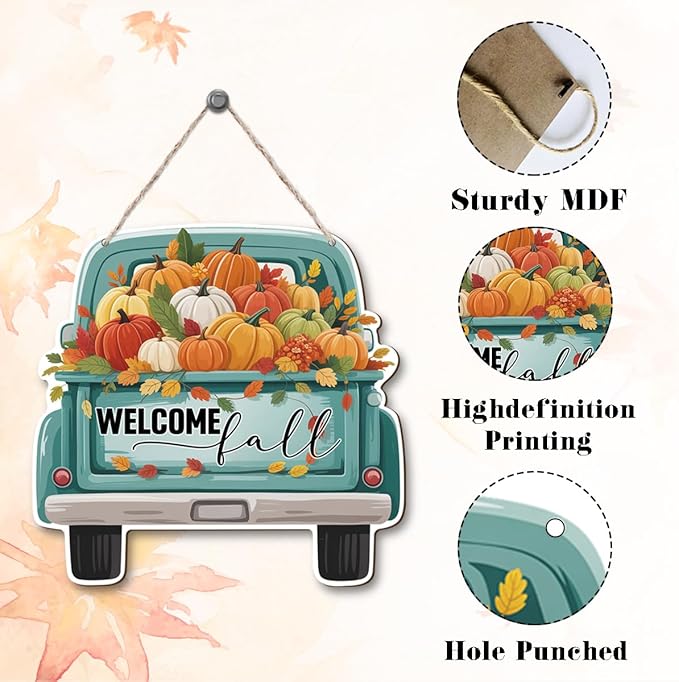 Rustic wooden fall truck decoration by CozyNest Decor, featuring autumn harvest theme for home interior and exterior Thanksgiving decor.