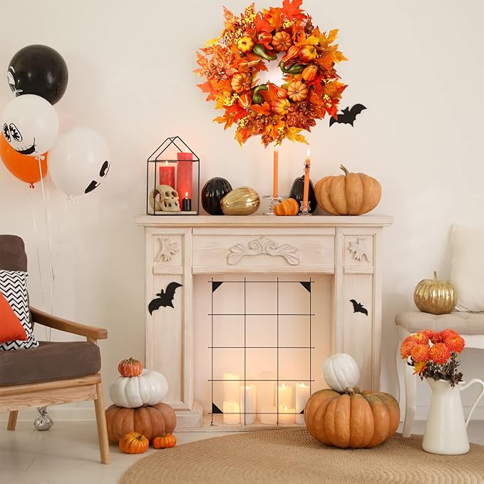 CozyNest Decor 24-inch fall wreath with pumpkins, berries, and maple leaves, ideal for front door Halloween and Thanksgiving decor.