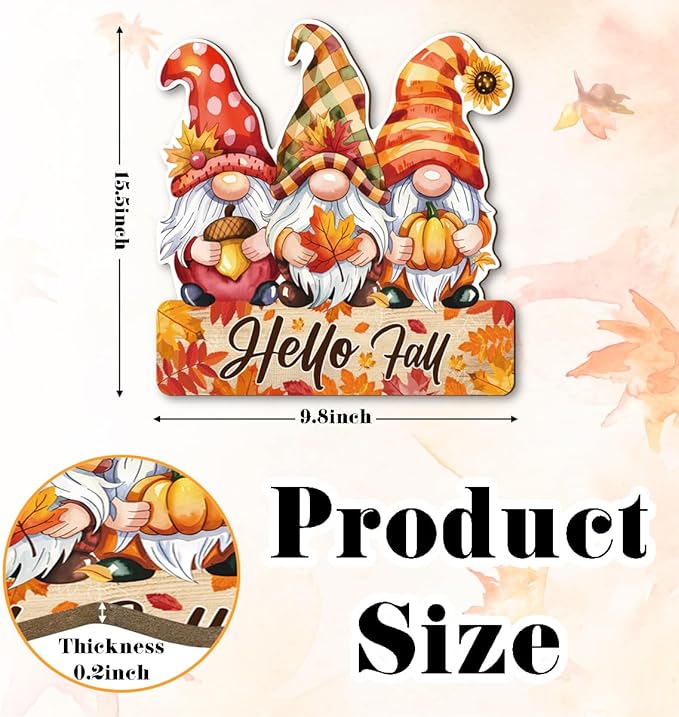 Rustic Hello Fall wooden hanging gnome decoration and autumn signs from CozyNest Decor, perfect for Thanksgiving home decor.