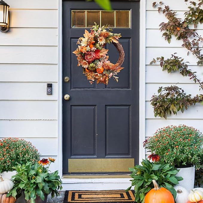 20-inch fall wreath with pumpkins, peonies, sunflowers, and berries, perfect for front door autumn and Thanksgiving decor.