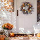 CozyNest Decor 24-inch autumn wreath with pumpkins, silk leaves, and purple flowers for front door Halloween and Thanksgiving decor