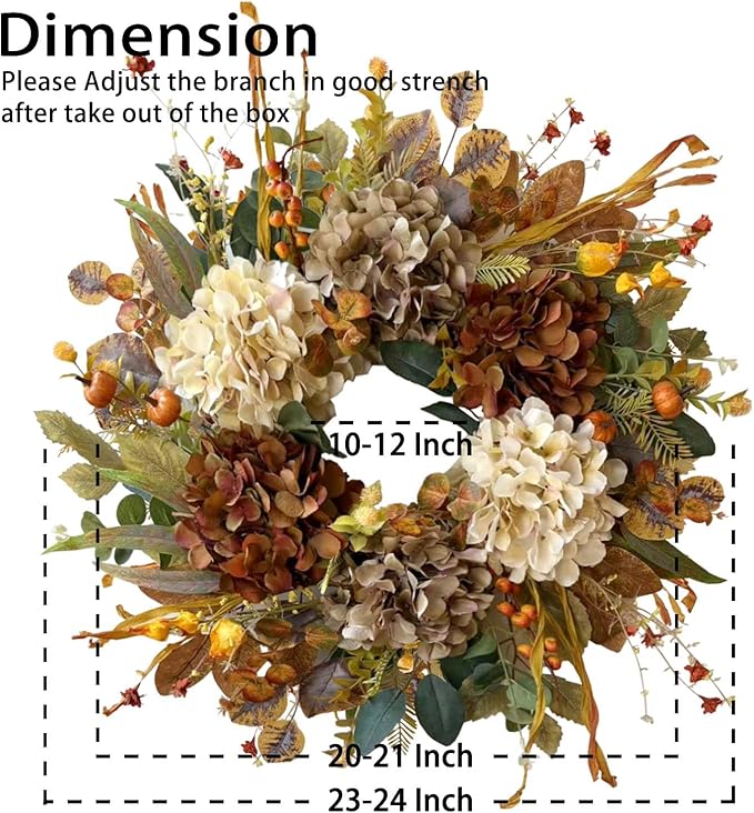 CozyNest Decor 24-inch fall wreath with hydrangea and mini pumpkins, perfect for front door autumn, Halloween, or Thanksgiving decor.